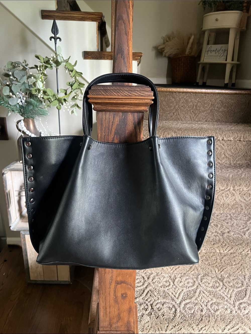 The Drop Black Tote Bag Stud Detail Shoulder Strap Women